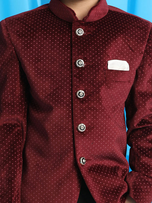 Vastramay Maroon Polka Dot Printed Velvet Jodhpuri Baap beta Set